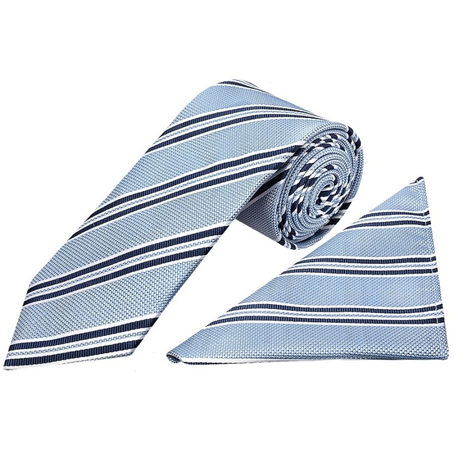 Blue Twin Stripe Classic Men's Tie and Pocket Square Set