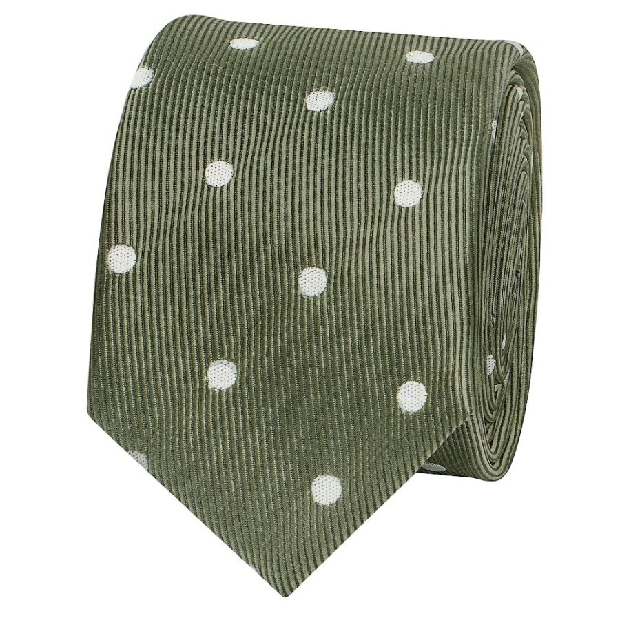 Olive Large White Spot Skinny Men's Tie and Pocket Square Set