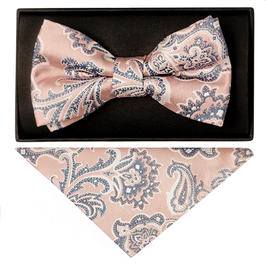Pink and Blue Paisley Handmade Mens Bow Tie and Pocket Square Set