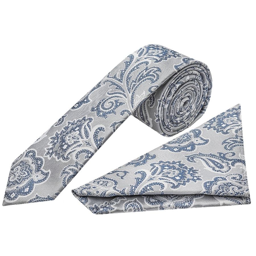 Silver and Blue Paisley Skinny Boys Tie and Pocket Square Set