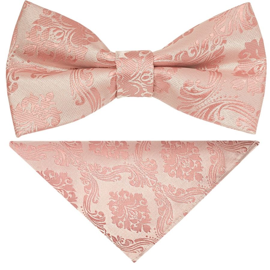 Pre Tied Rose Gold Paisley Boys Bow Tie and Pocket Square Set