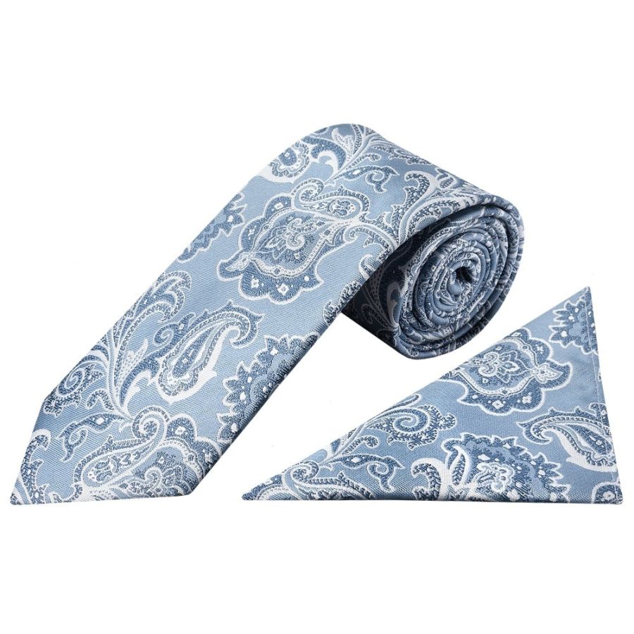 Blue and Silver Paisley Classic Mens Tie and Pocket Square Set