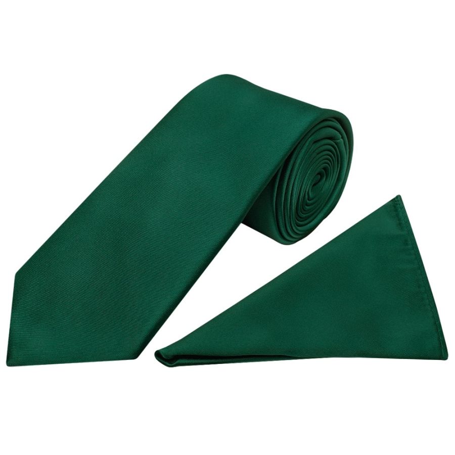 Plain Bottle Green Satin Classic Men's Tie and Pocket Square Set