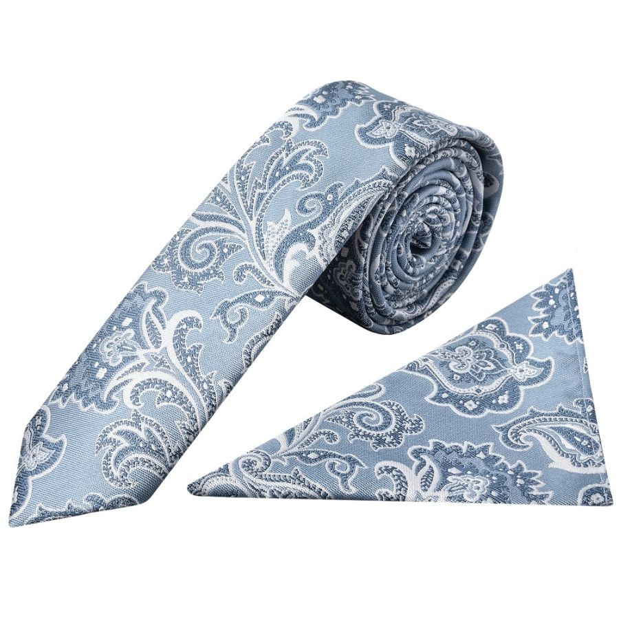 Blue and Silver Paisley Skinny Mens Tie and Pocket Square Set