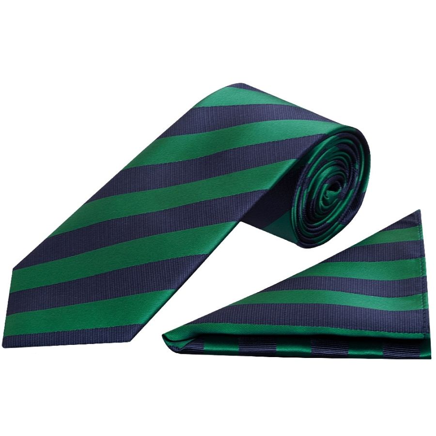 Navy and Green Striped Classic Men's Tie and Pocket Square Set