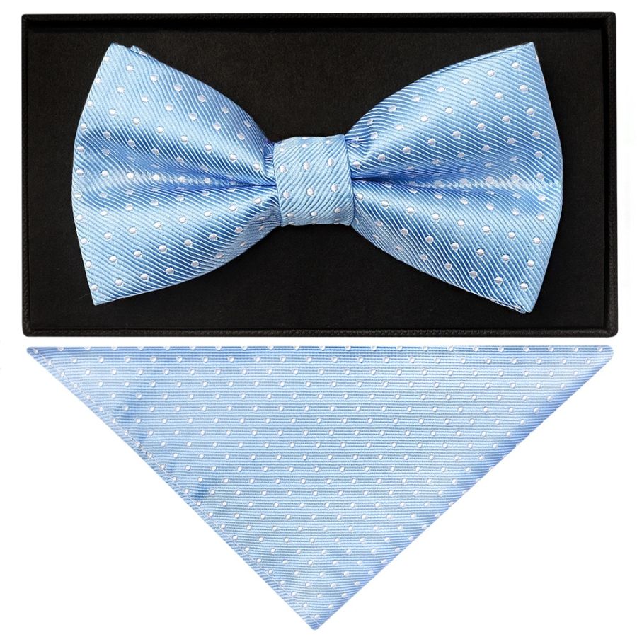 Handmade Light Blue And White Polka Dot Mens Bow Tie and Pocket Square Set