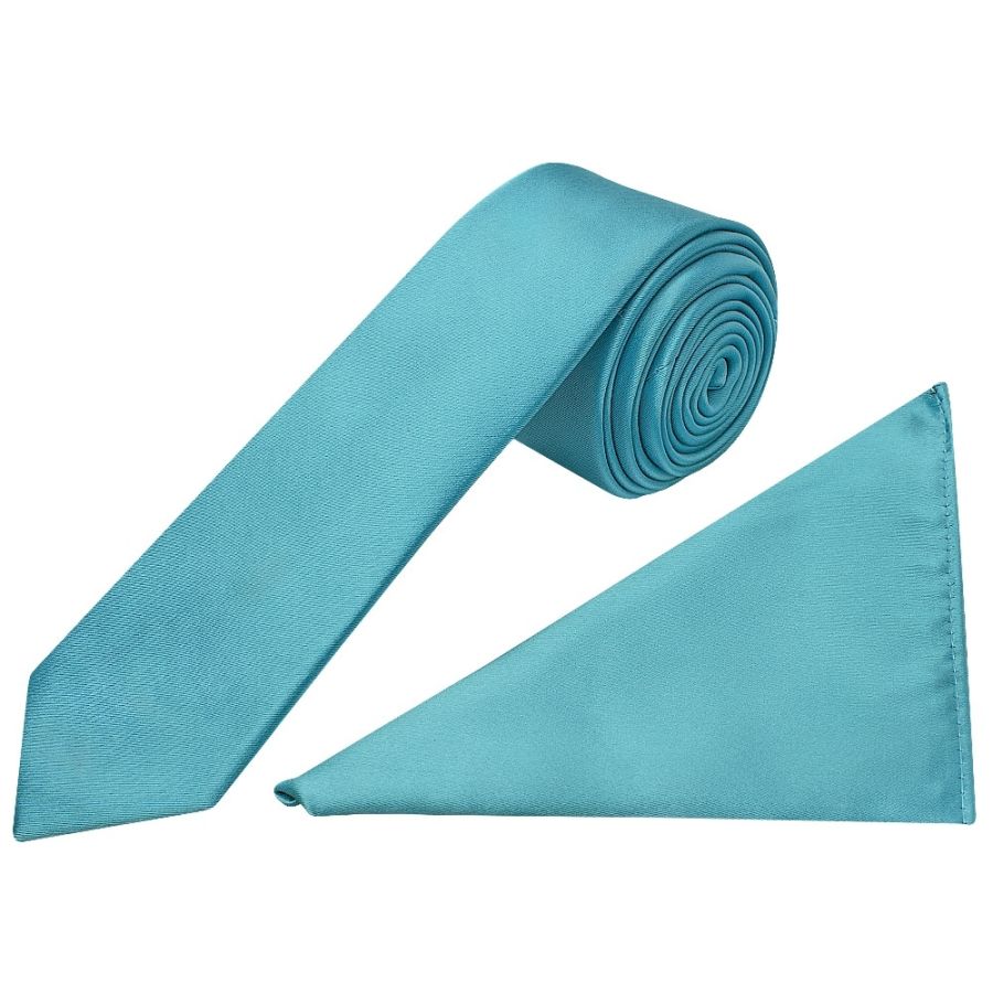 Plain Turquoise Satin Skinny Men's Tie and Pocket Square Set