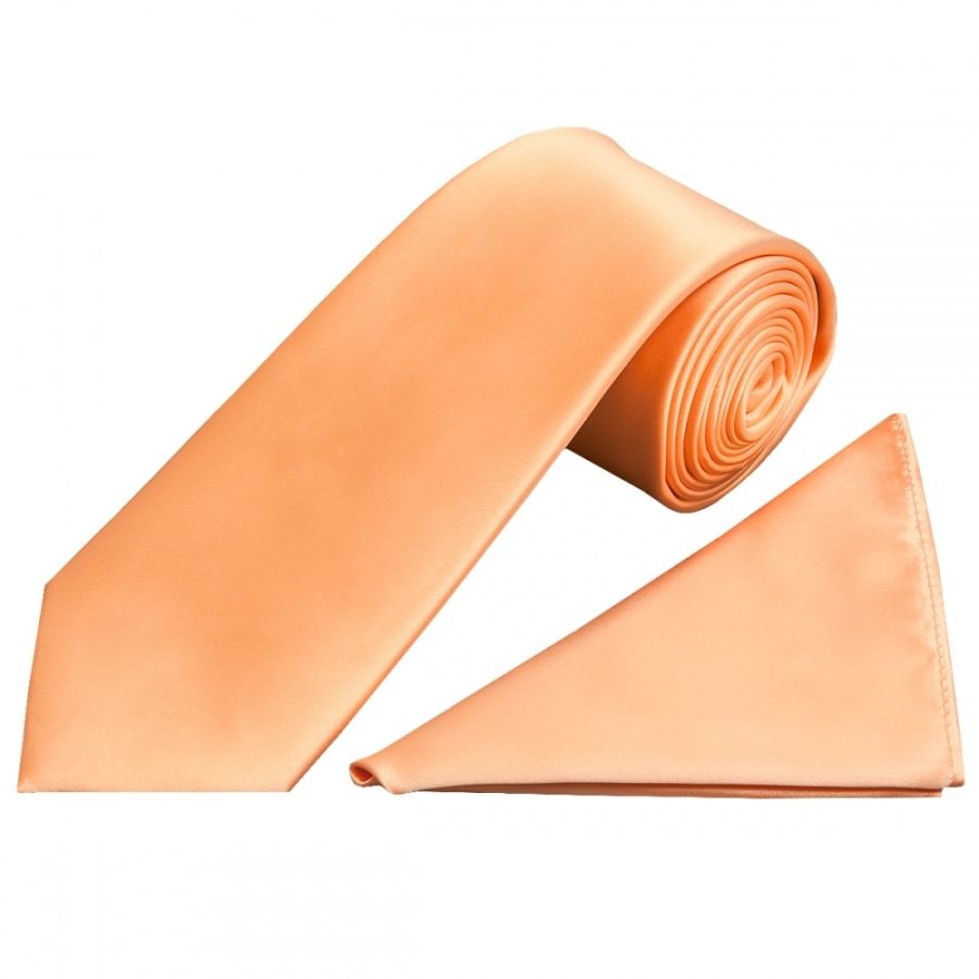 Plain Peach Satin Classic Men's Tie and Pocket Square Set