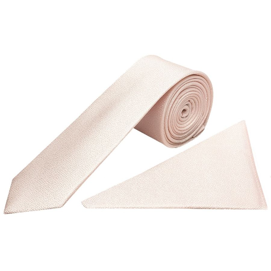 Plain Blush Pink Textured Silk Skinny Boys Tie and Pocket Square Set