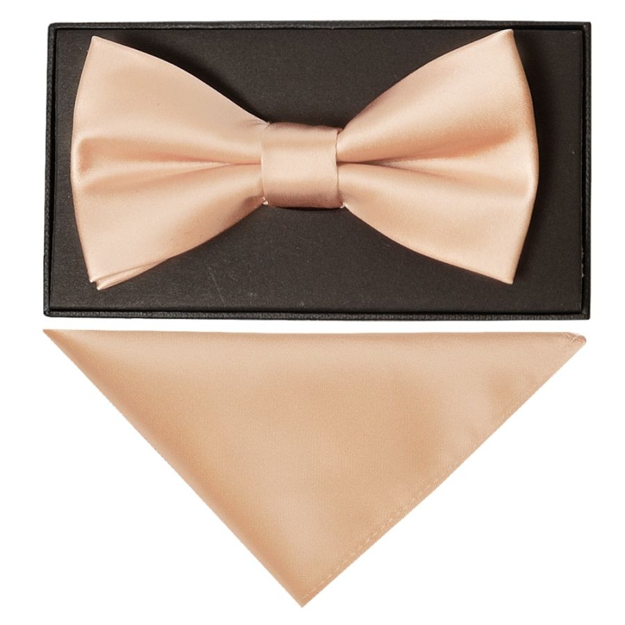 Plain Nude Satin Mens Bow Tie and Pocket Square Set