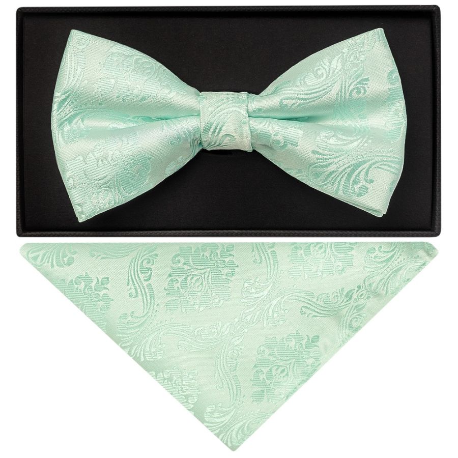 Mint Green Paisley Handmade Mens Bow Tie and Pocket Square Set