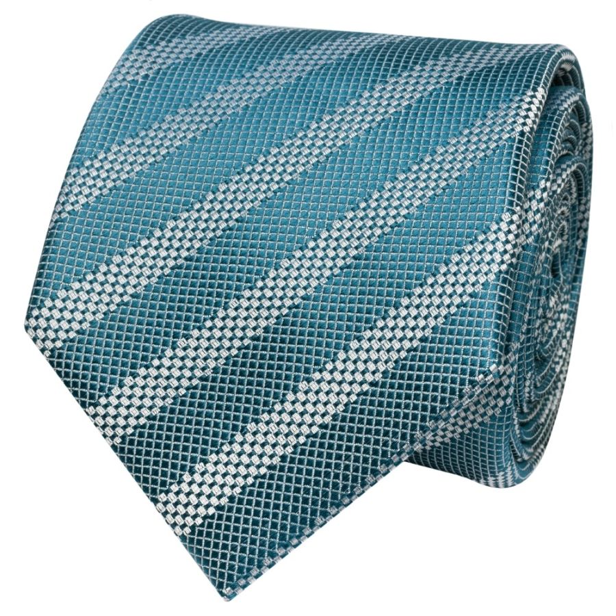 Mens Teal Textured Stripe Silk Classic Tie Pocket Square and Cufflinks Box Set