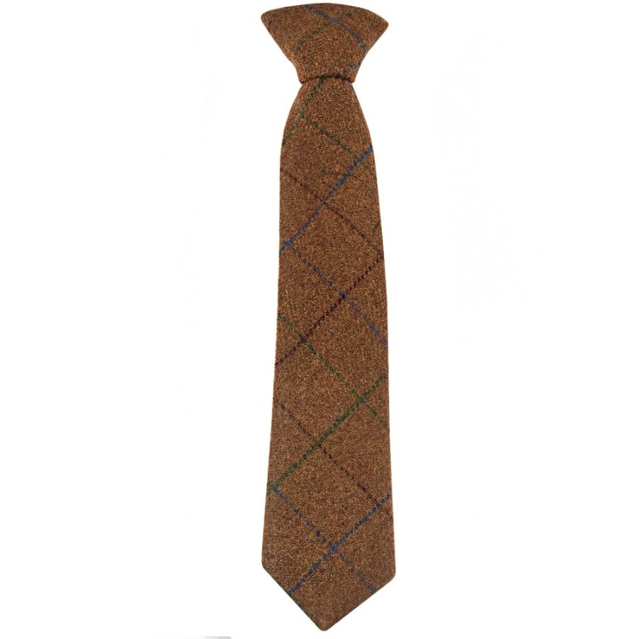 Pre Tied Light Brown Large Check Tweed Boys Tie Age 4-7