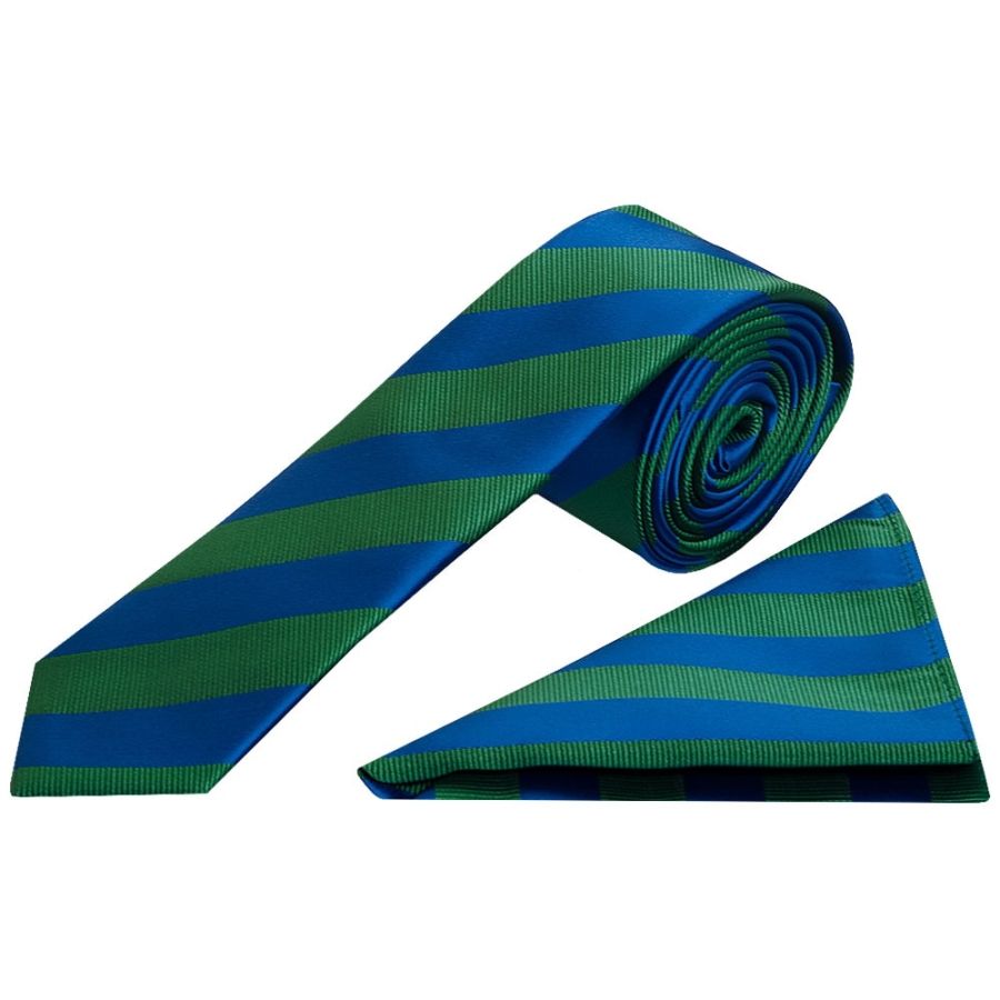 Blue and Green Striped Skinny Men's Tie and Pocket Square Set