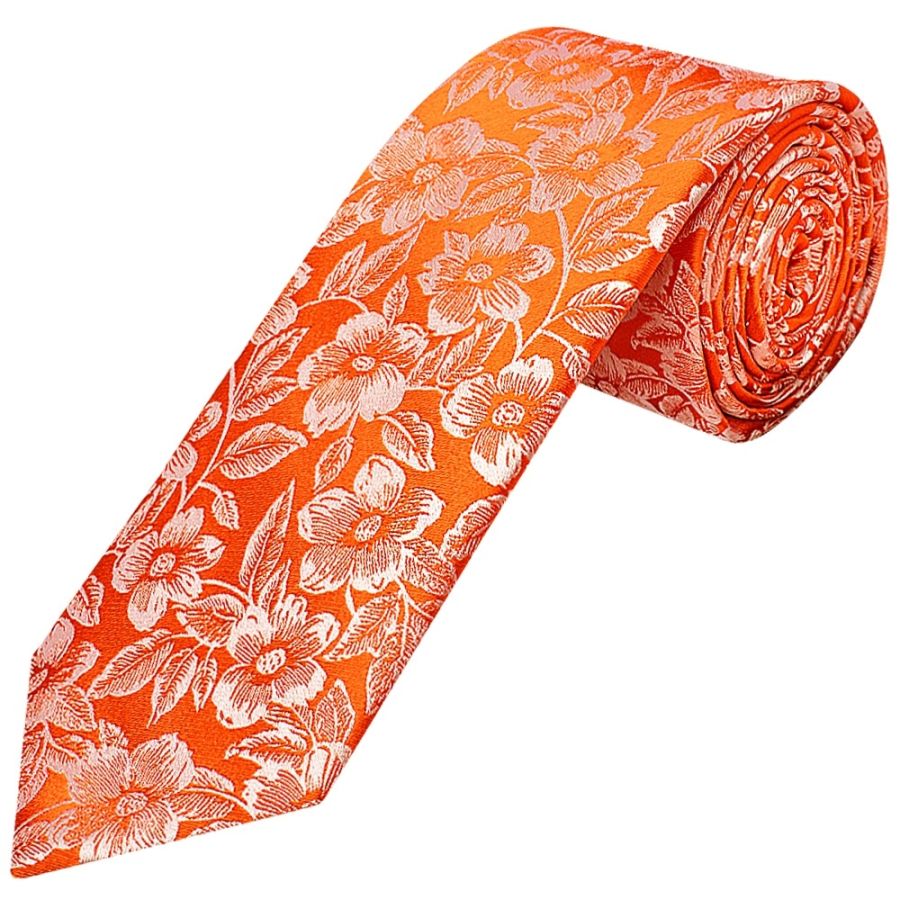 Mens Orange Floral Silk Classic Tie