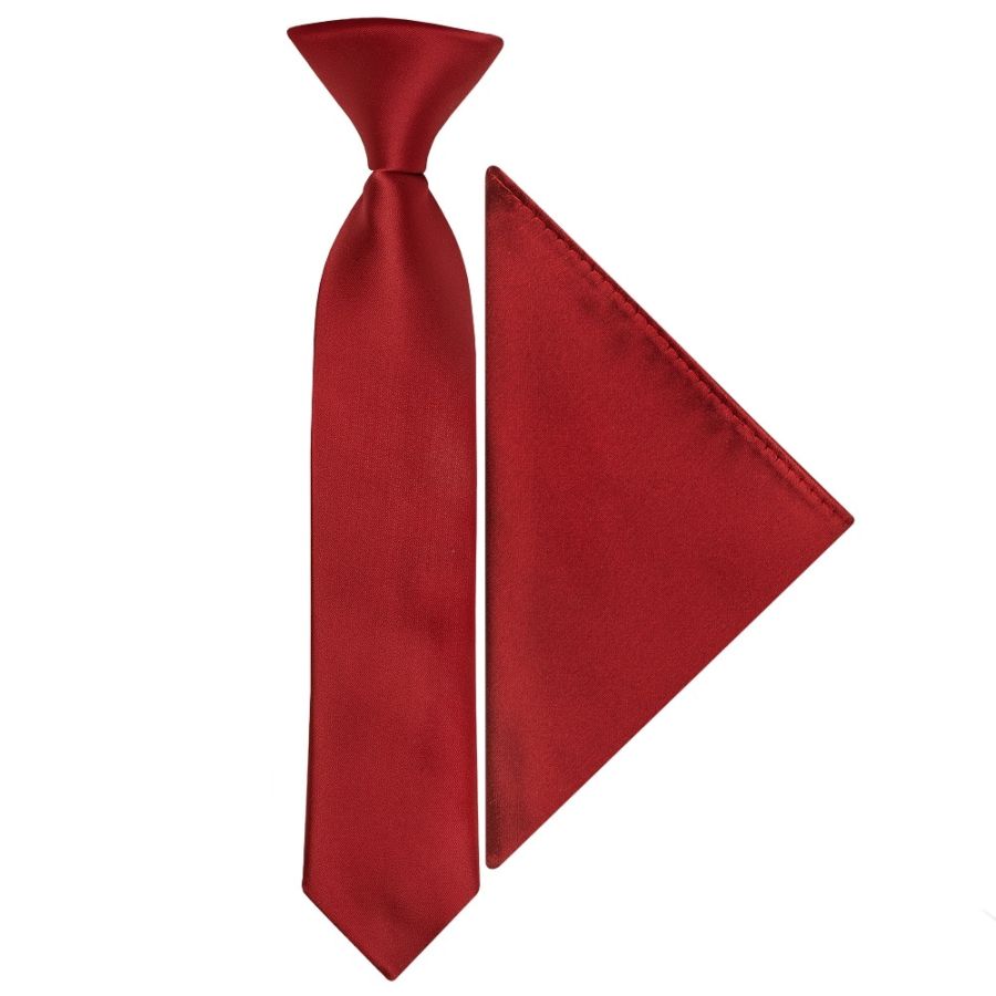 Pre Tied Red Wine Satin Boys Tie and Pocket Square Set Age 4-7