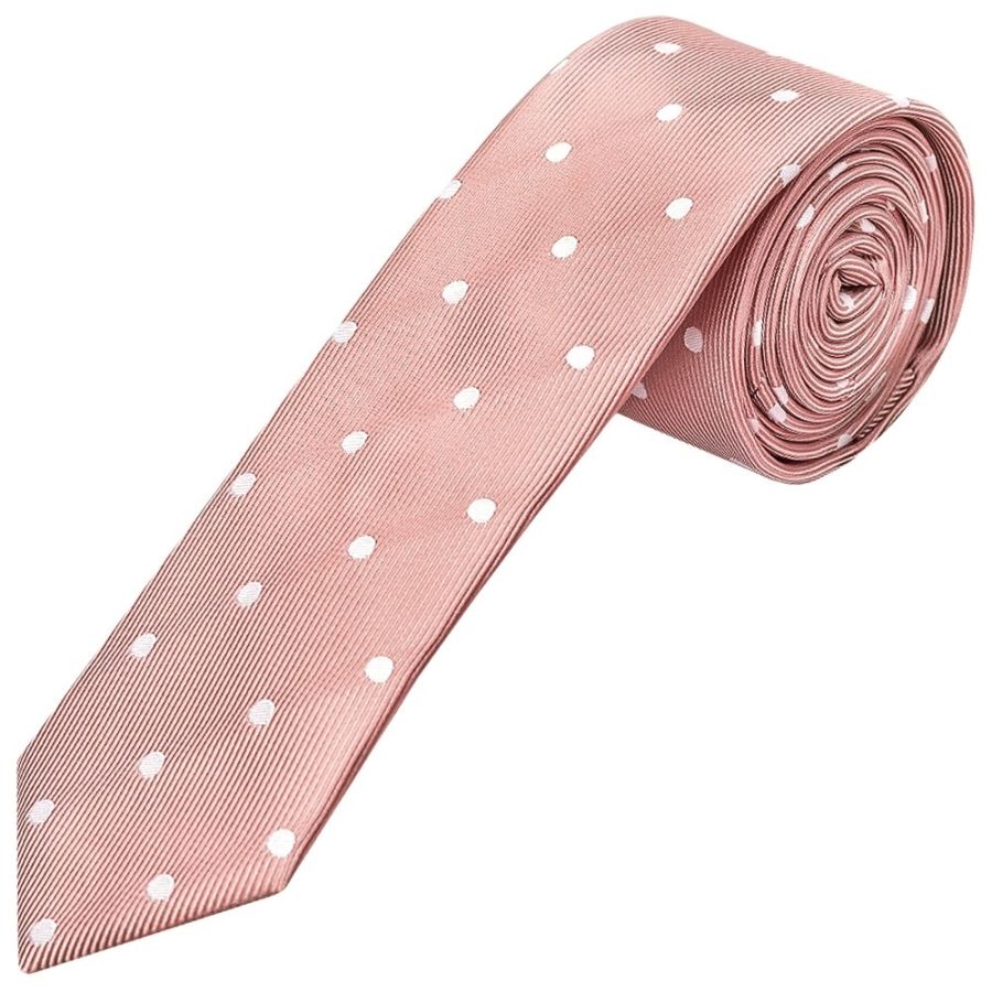 Rose Gold Large White Spot Skinny Men's Tie and Pocket Square Set