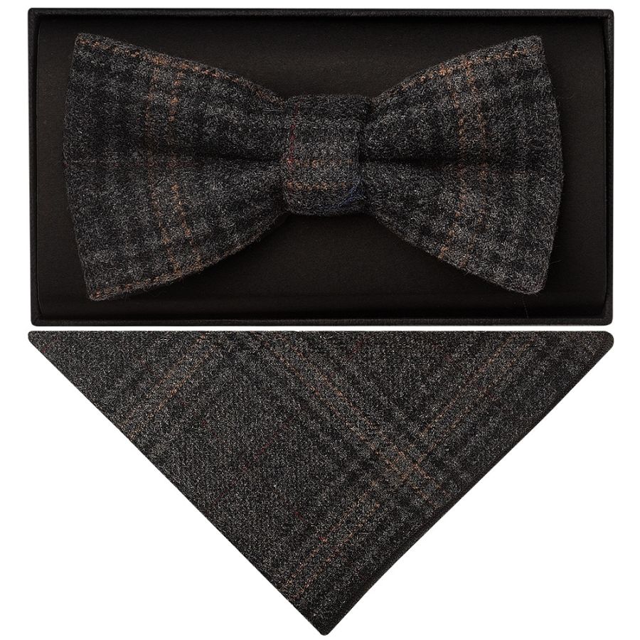 Dark Grey Check Mens Tweed Bow Tie and Pocket Square Set