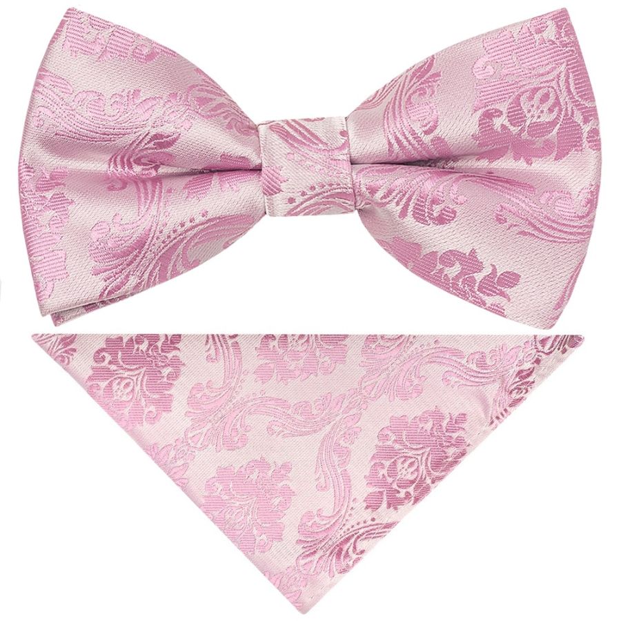 Pre Tied Dusty Pink Paisley Boys Bow Tie and Pocket Square Set