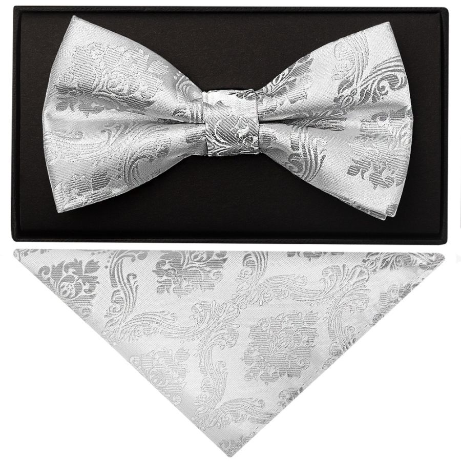 Silver Paisley Handmade Mens Bow Tie and Pocket Square Set