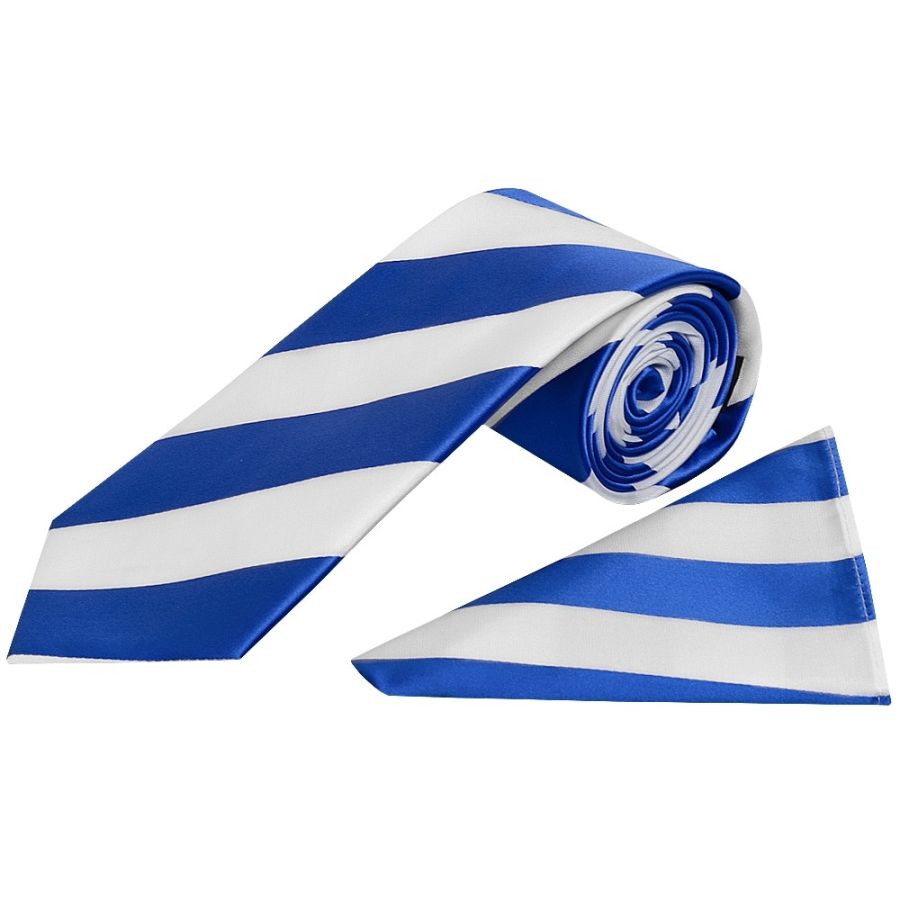 Blue and White Striped Classic Men's Football Tie and Pocket Square Set