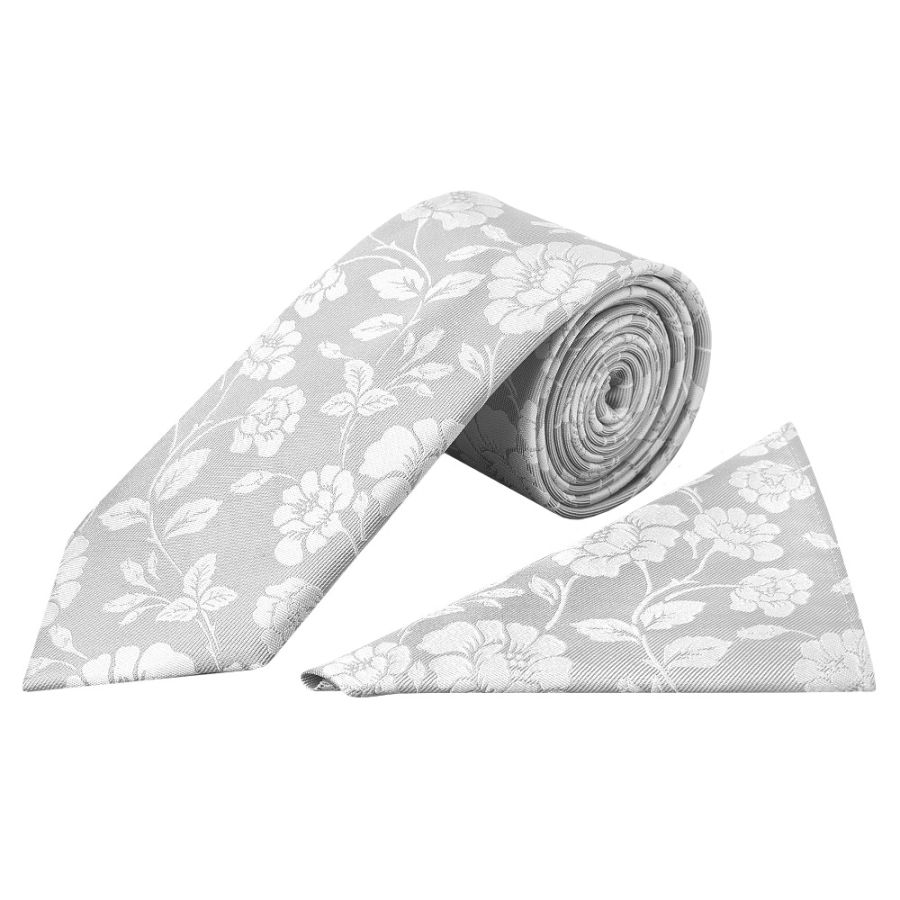 Men's Silver with White Floral Silk Classic Tie and Pocket Square