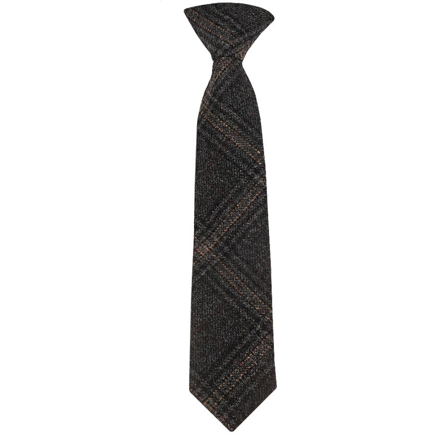 Pre Tied Dark Grey Check Tweed Boys Tie Age 4-7