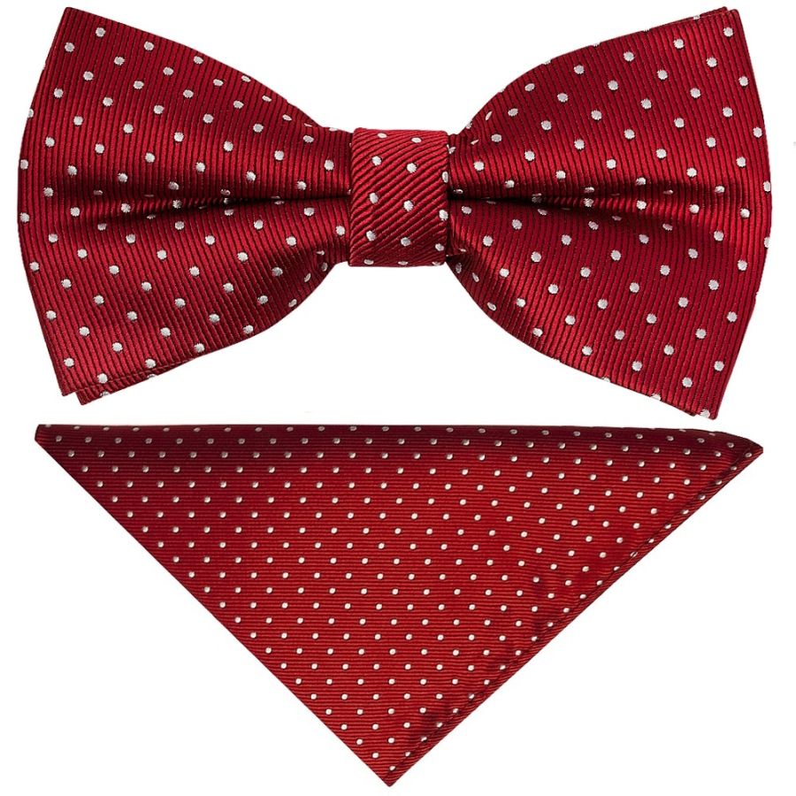 Pre Tied Red and White Polka Dot Boys Bow Tie and Pocket Square Set 