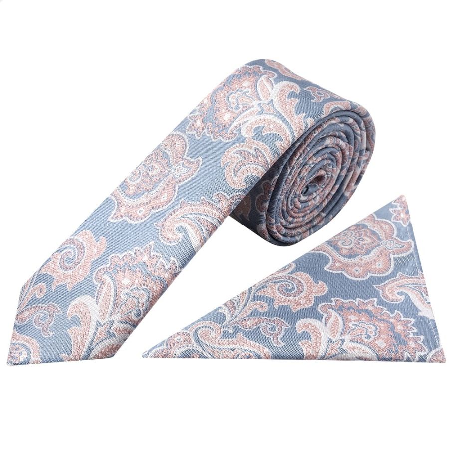 Blue and Pink Paisley Skinny Mens Tie and Pocket Square Set