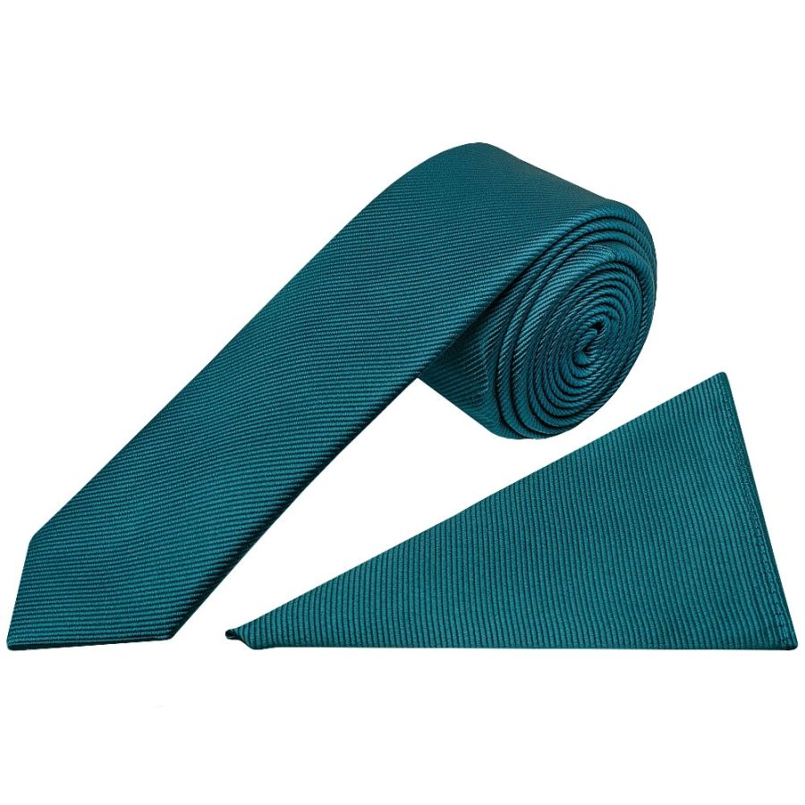 Teal Silk Twill Skinny Mens Tie and Pocket Square Set