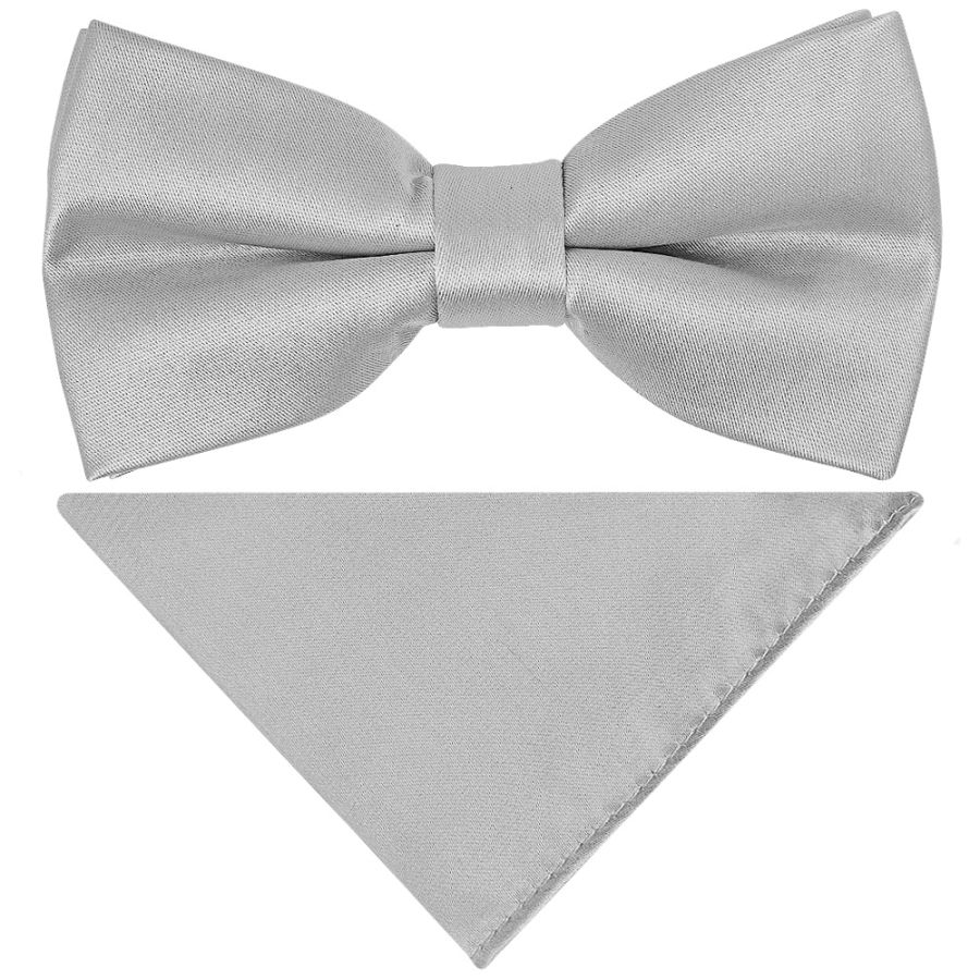 Pre Tied Silver Satin Boys Bow Tie and Pocket Square Set