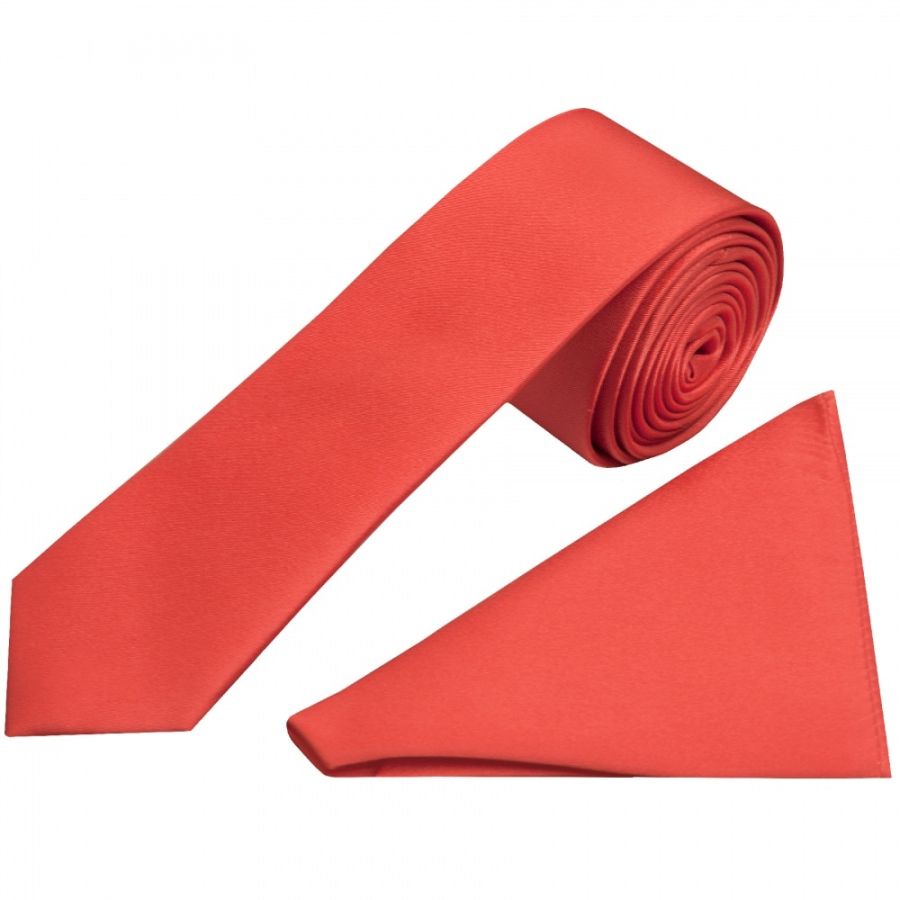 Plain Coral Pink Satin Silk Skinny Men's Tie and Pocket Square Set