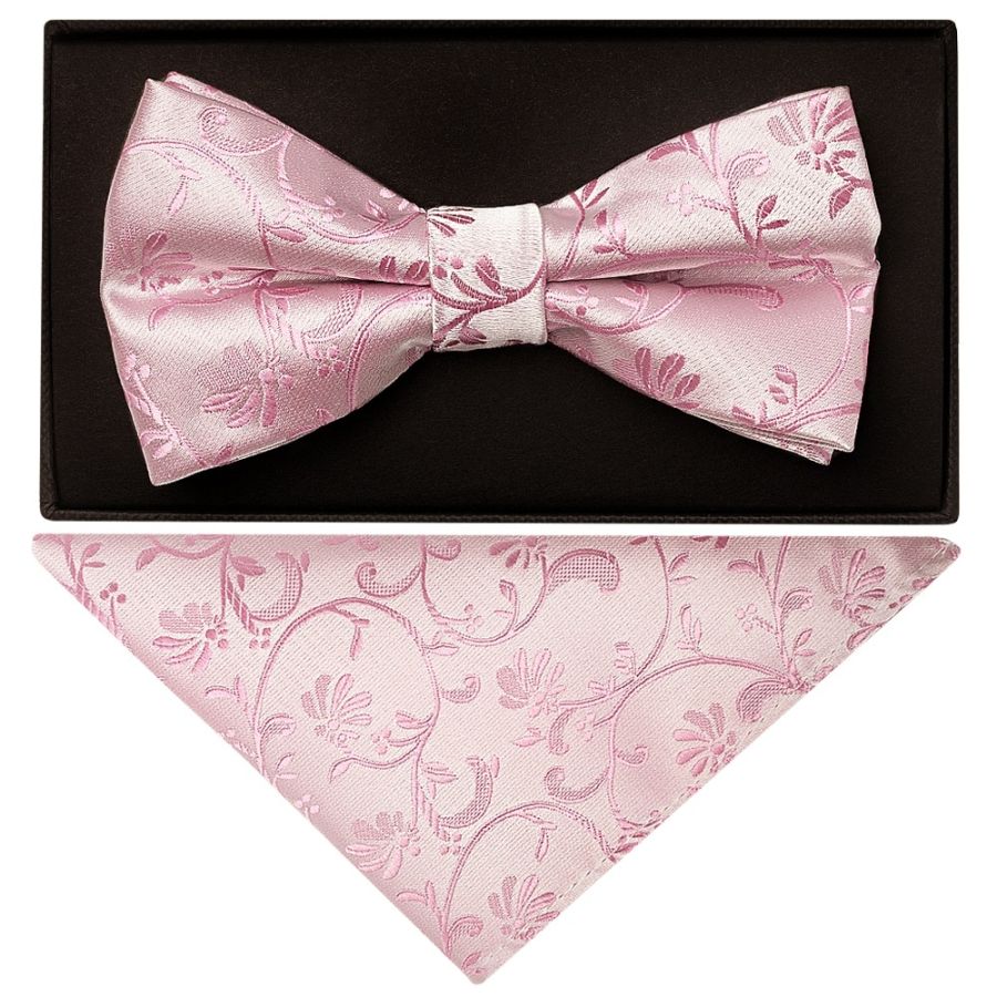Dusty Pink Floral Handmade Mens Bow Tie and Pocket Square Set