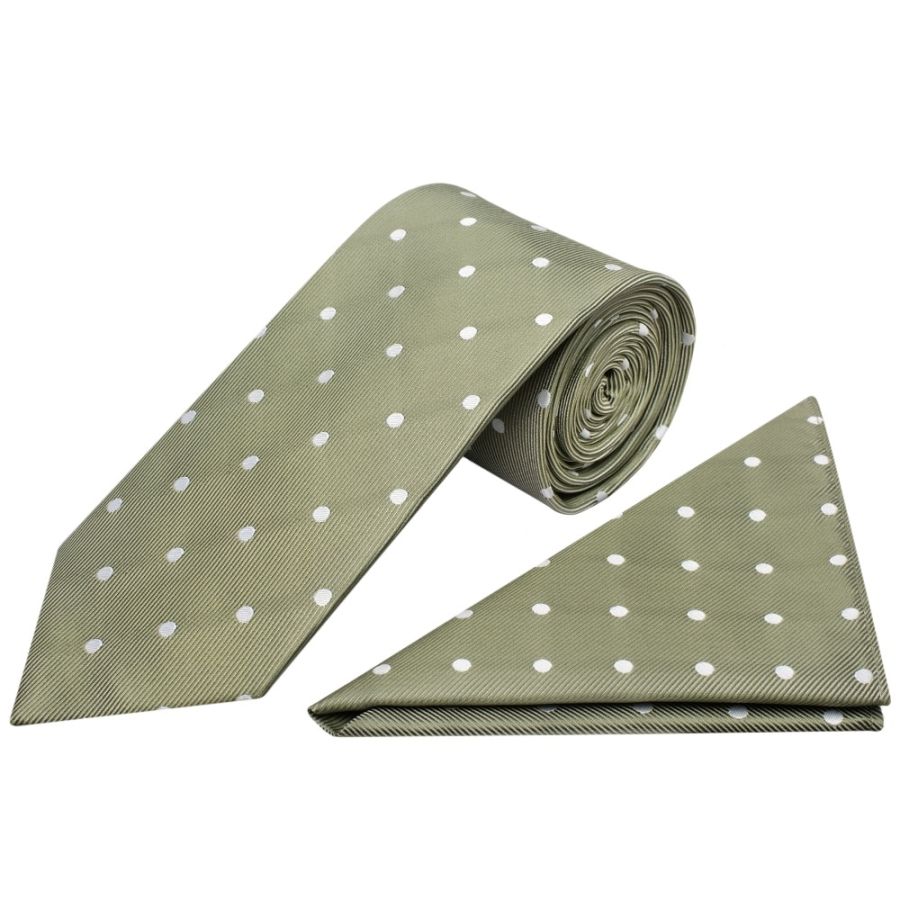 Khaki Green Large White Spot Classic Men's Tie and Pocket Square Set