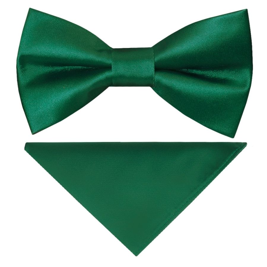 Pre Tied Forest Green Satin Boys Bow Tie and Pocket Square Set