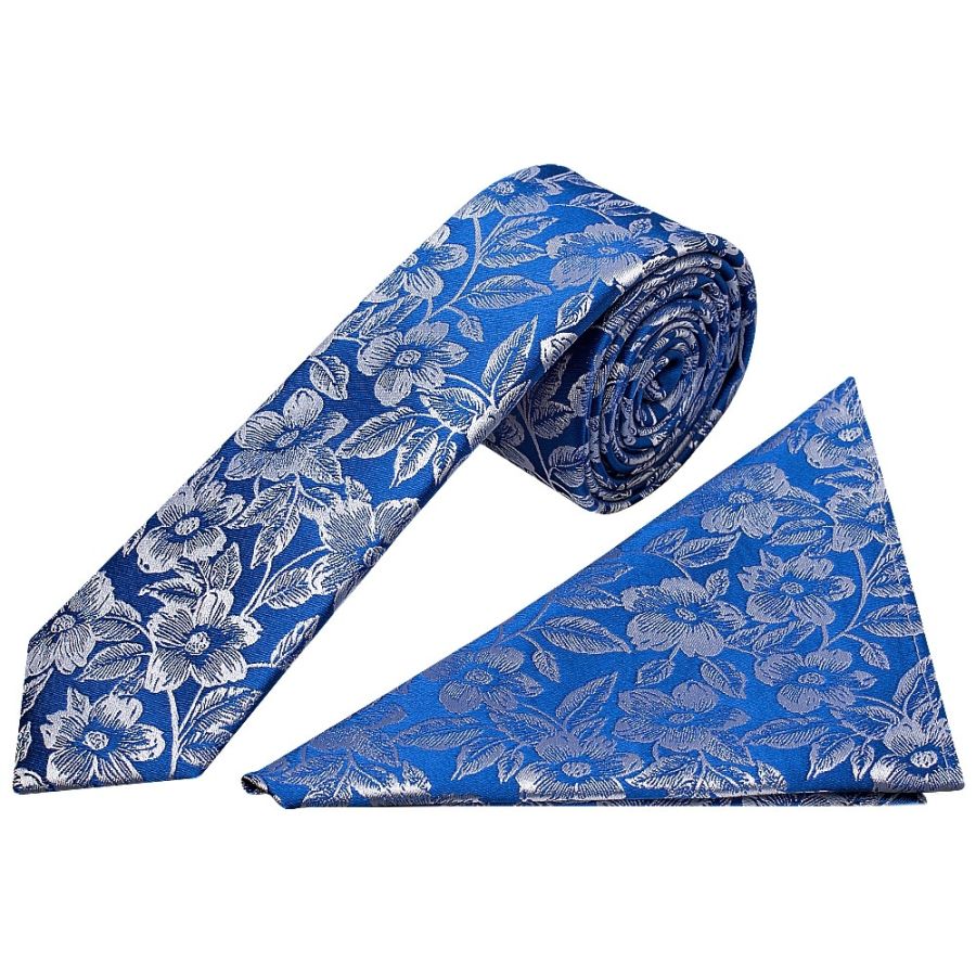 Mens Royal Blue Floral Silk Skinny Tie and Pocket Square