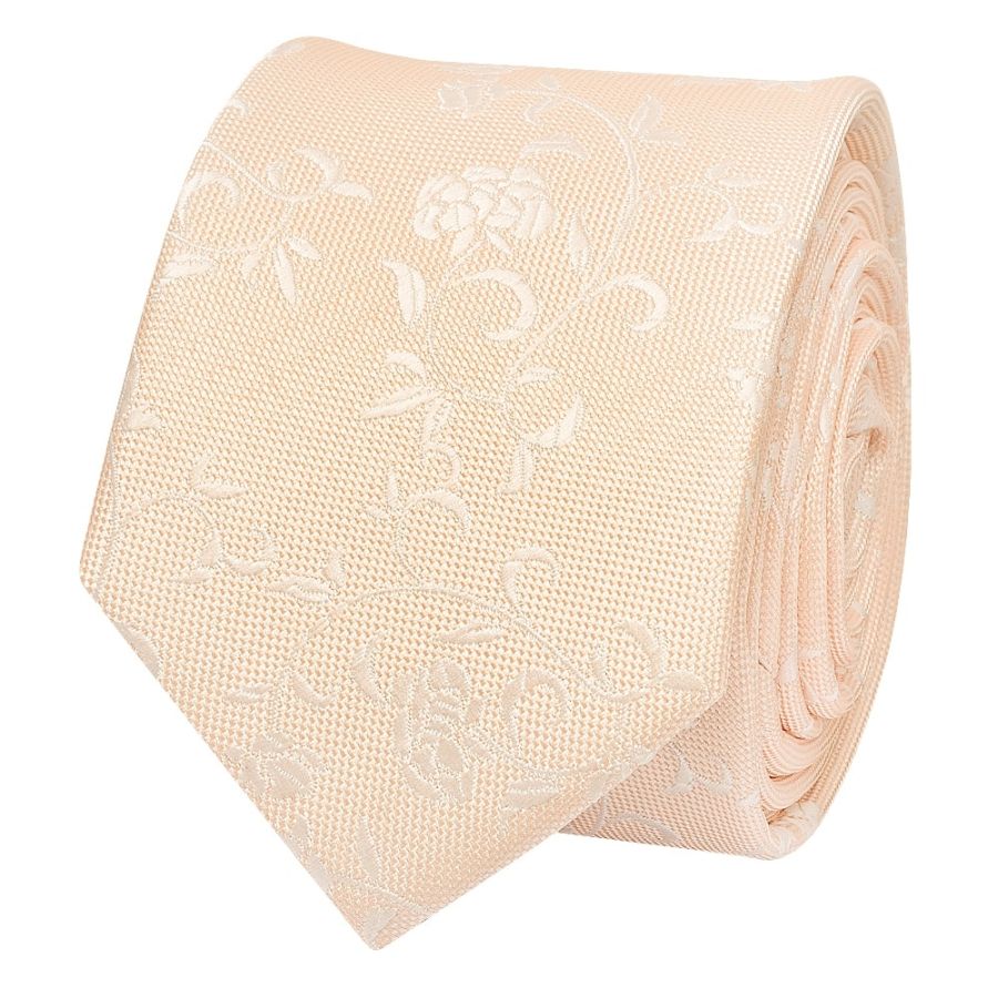 Light Peach and White Floral Skinny Boys Tie