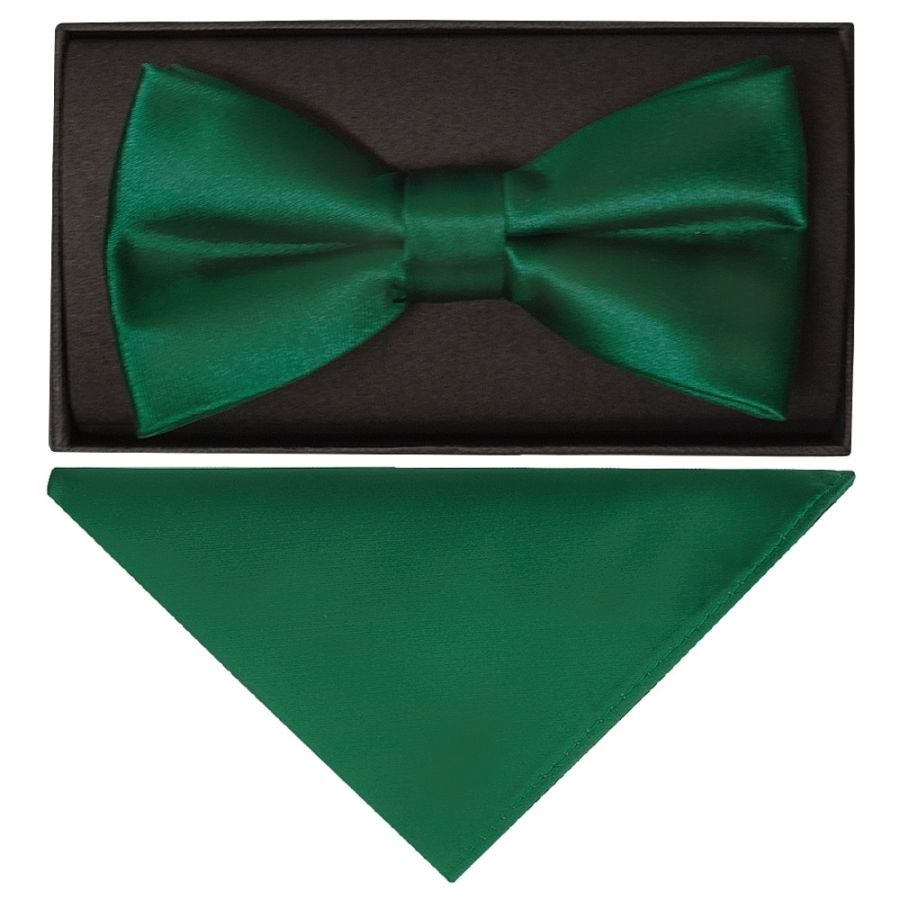 Plain Forest Green Handmade Mens Bow Tie and Pocket Square Set