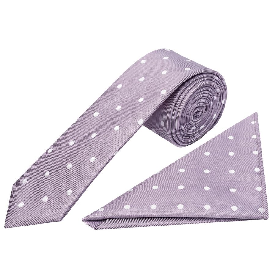 Light Mauve Large White Spot Skinny Men's Tie and Pocket Square Set