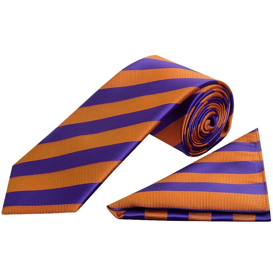 Purple and Orange Striped Classic Men's Tie and Pocket Square Set