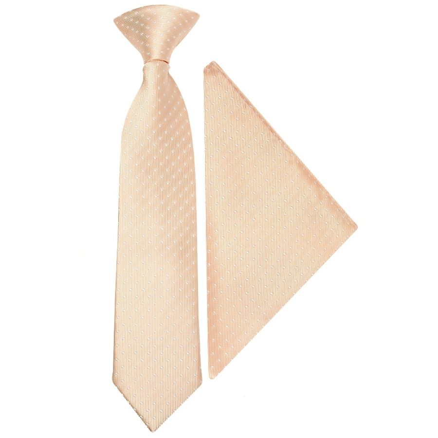 Pre Tied Peach and White Polka Dot Boys Tie and Pocket Square Set Age 4-7