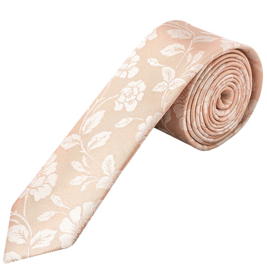 Pink with White Floral Silk Skinny Tie 