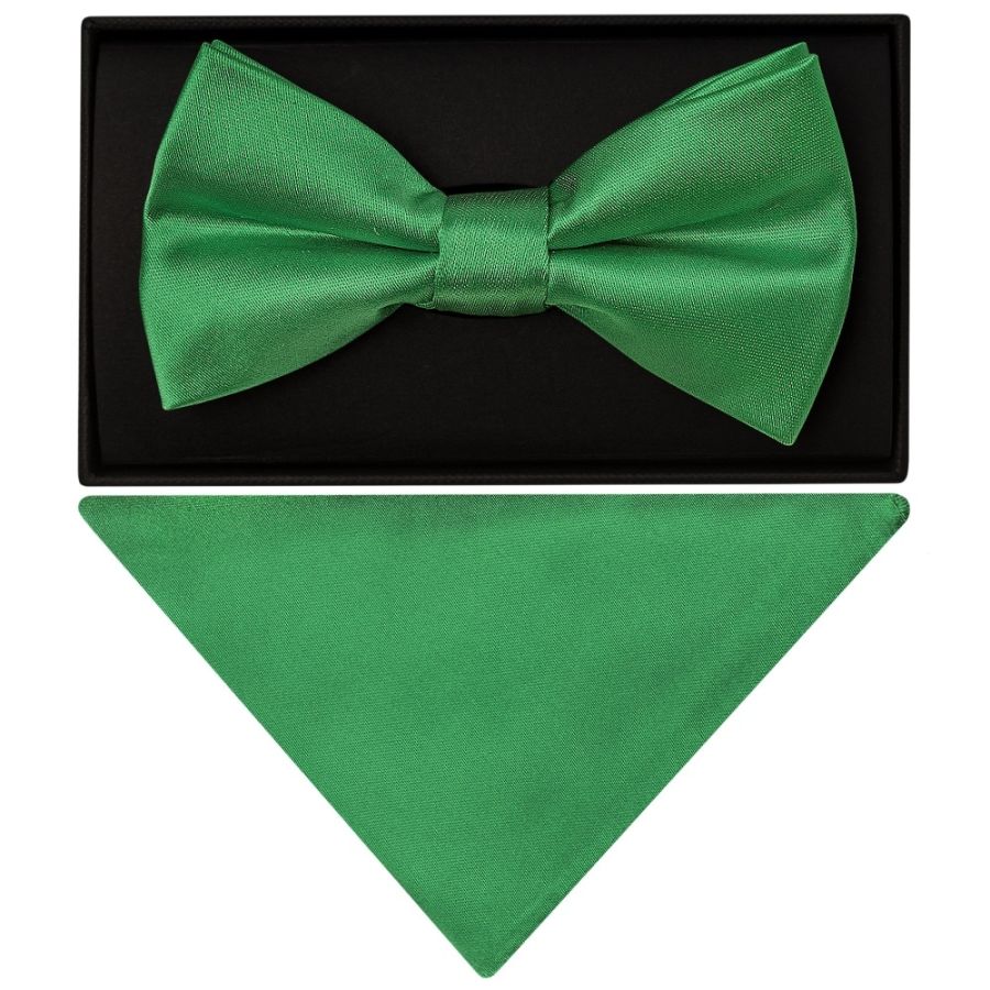 Plain Emerald Green Hand Made Mens Bow Tie and Pocket Square Set