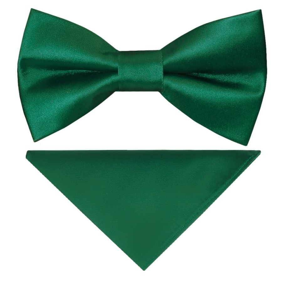 Pre Tied Forest Green Satin Boys Bow Tie and Pocket Square Set Age 4-7