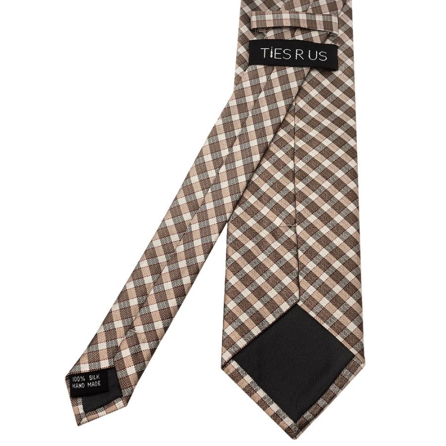Brown Check Silk Mens Classic Tie and Pocket Square Set