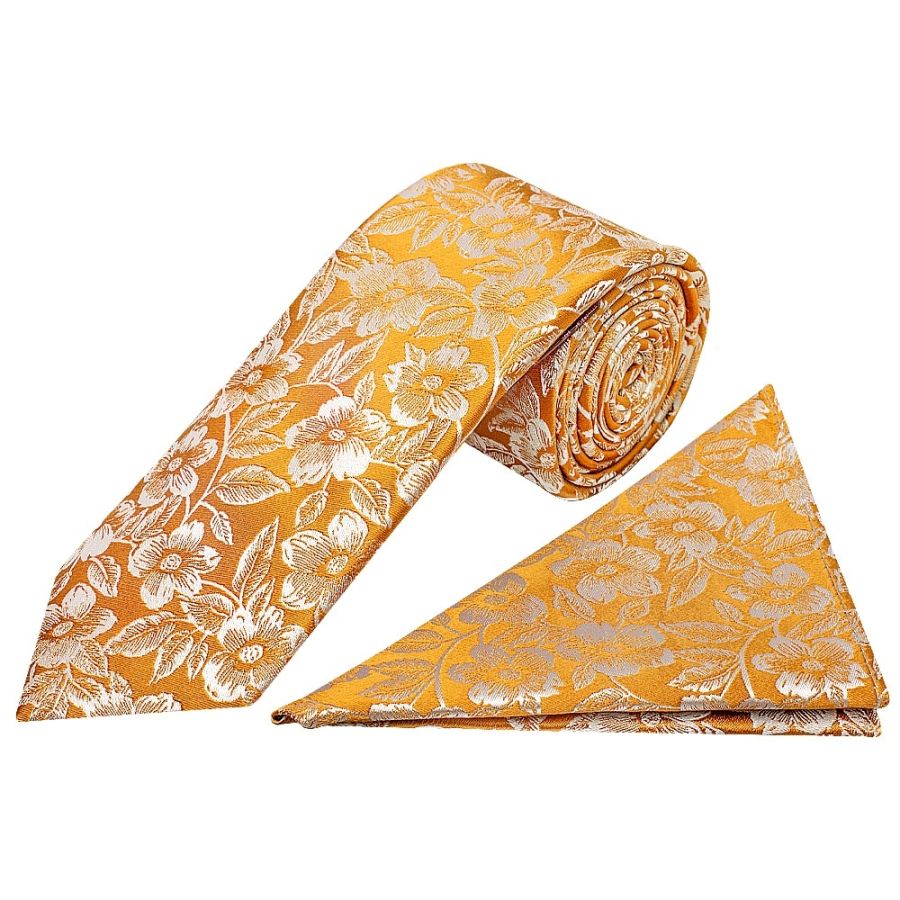Mens Gold Floral Silk Classic Tie and Pocket Square