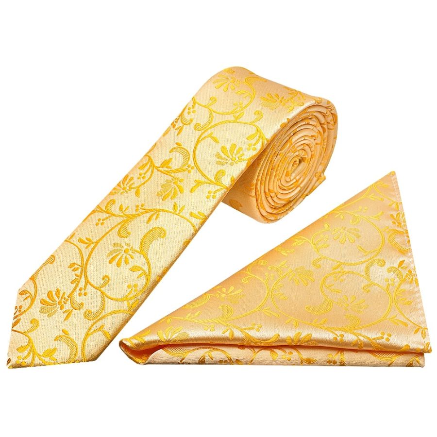Bright Yellow Floral Skinny Men's Tie and Pocket Square Set