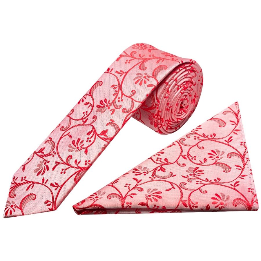 Bright Red Floral Skinny Boys Tie and Pocket Square Set