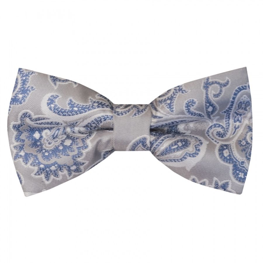Pre Tied Silver and Blue Paisley Boys Bow Tie Age 4-7