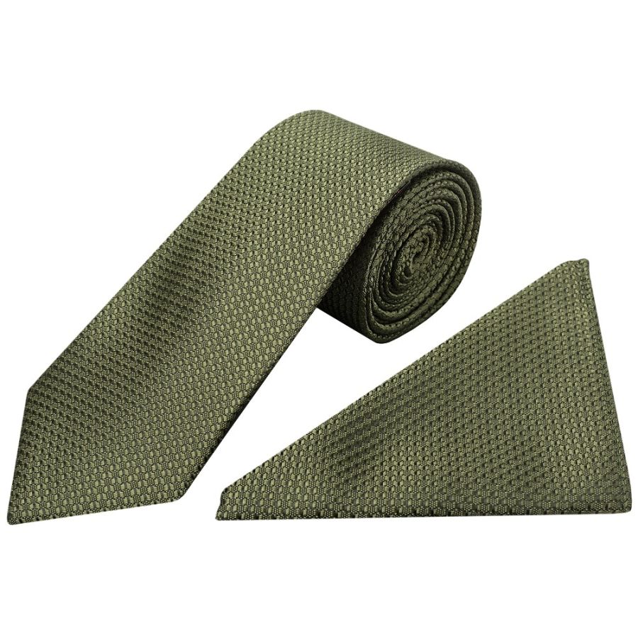 Olive Green Textured Classic Tie and Pocket Square Set